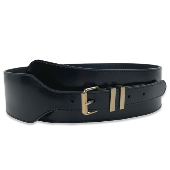 AllSaints Marcella Asymmetric Wide Leather Belt • Black Gold • NWOT Size L - Picture 1 of 7